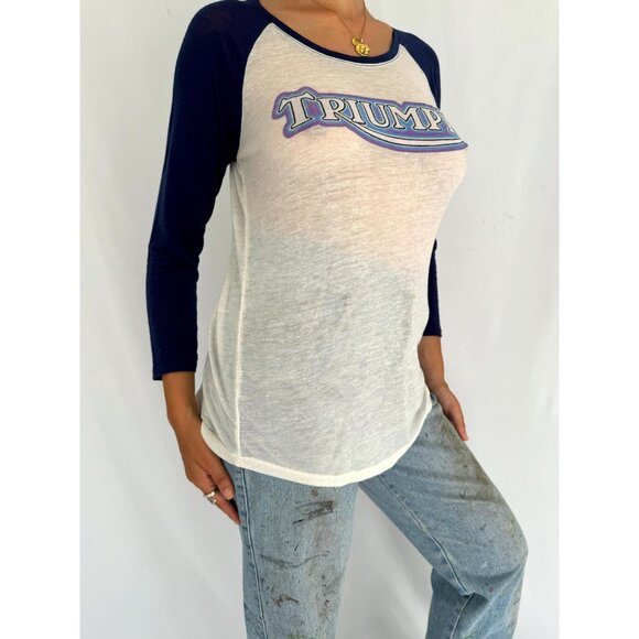 y2k vintage navy white Triumph logo graphic baseball jersey paper thin sheer top - Picture 5 of 7